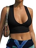 AEPEBO Sexy Crop Tops for Women Deep V Neck Back Cutout Sleeveless Plunge Racerback Tank Cropped Top Black M