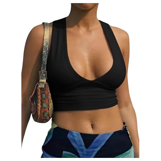 AEPEBO Sexy Crop Tops for Women Deep V Neck Back Cutout Sleeveless Plunge Racerback Tank Cropped Top Black S