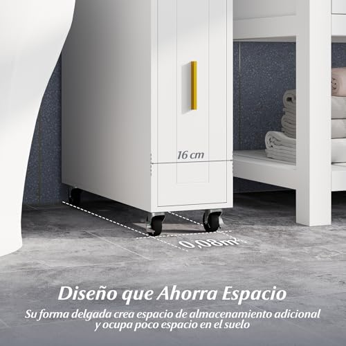 COSTWAY Armario Auxiliar de Baño con Ruedas Bloqueables, Mueble de Baño Estrecho con Cajón Deslizante, Caja de Pañuelos, Soporte para Cepillo de Inodoro para Cocina Salón, 50 x 16 x 69 cm (Blanco) - imagen 6