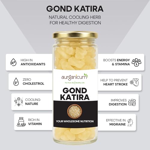 Image of Aurganicum Gond Katira 250 g - Premium Imported Iranian Edible Tragacanth Gum | Large White Crystal Grade | Natural Cooling & Hydration | Glass Jar