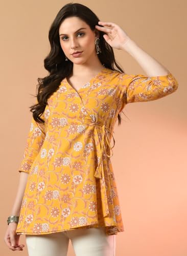 Image of feranoid Floral Print Angrakha 3 Sleeves Flared Kurti