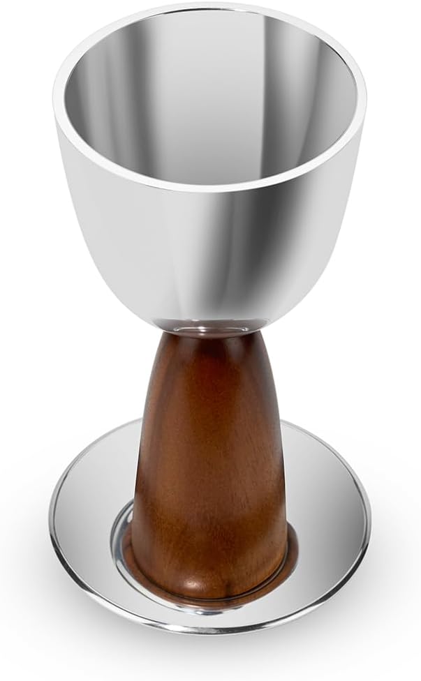 Nambé Judaica Kiddush Cup & Saucer Set - 7" Alloy Wine Goblet with 4" Acacia Wood Base for Shabbat, Passover & Jewish Celebrations - Modern Religious Decor, Elegant Table Ritual Piece