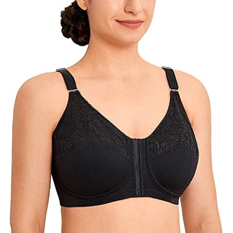 LAUDINE Women's Full Figure Wire Free Back Support Posture Bra Front Closure Black 42G Cover