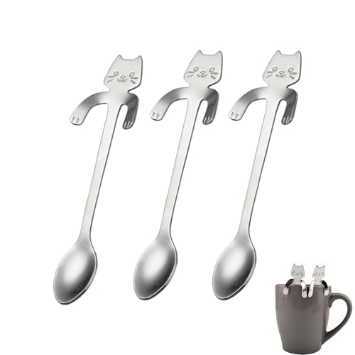 3PCS Stainless Steel Cat Hanging Coffee Spoons, Creative Small Coffee Spoon and Coffee Scoop for Mug Drinks, Mini Dessert Spoons for Ice Cream, Tea, Sugar, Kitchen Tableware Accessories