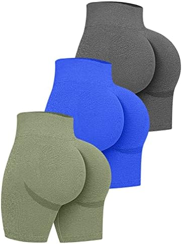 OQQ Women's 3 Piece High Waist Workout Butt Lifting Tummy Control Ruched Booty Smile Yoga Short Pants Shorts, Grey Blue Avocadogreen, Large