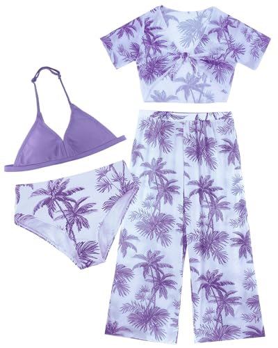 Image of Happy Cherry Girl's 4PCS Swimsuits Tropical Print Halter Bikini Set Bathing Suits with Kimono and Cover Up Pant Boho Swimwear