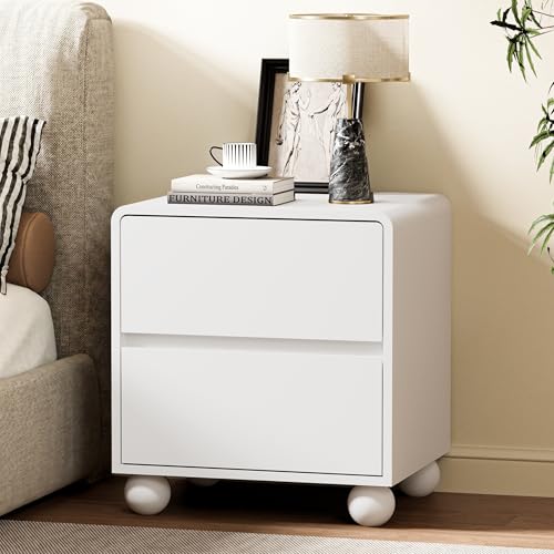 Image of Furniway White Nightstand Set of 2, Modern 2 Drawer Bedside Table with Curved Profile Design and Handle-Free Drawers, Modern End Table with Storage for Bedroom