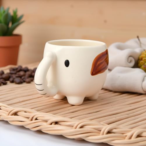 Image of Elephant Shaped Ceramic Coffee Mug - Cute White Animal Mug with Trunk Handle & Brown Ear Detail | Unique Tea Milk Cup for Kids Adults | Aesthetic Novelty Mug for Home Office & Gifting