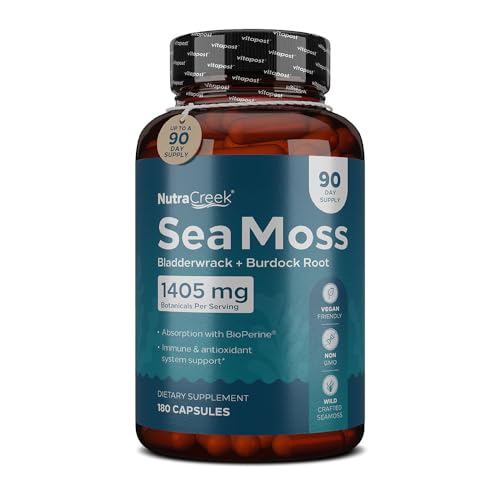 NutraCreek Sea Moss | Irish Sea Moss Capsules with Bladderwrack, Burdock Root & BioPerine for Absorption. Prebiotic & Immune Support | 90 Days Supply - 180 Capsules