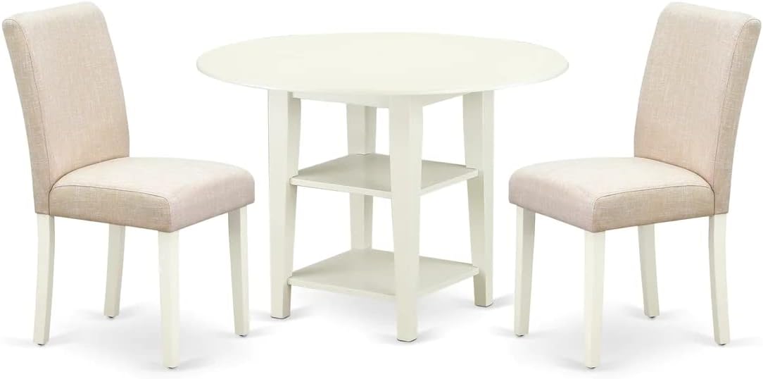 East West Furniture ASUAB3-LWH-02 3 Piece Dining Set Contains a Round Kitchen Table with Pedestal and 2 Light Beige Linen Fabric Parsons Dining Chairs, 42x42 Inch, Linen White