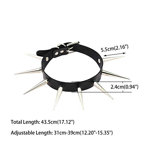 FM FM42 Unisex Simulated Leather PU Punk Rock Gothic Black-tone/Silver-tone Very Long 5.5cm(2.16") Spikes Rivets Choker Collar Necklace (16 Colors)2