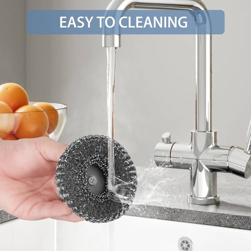 Image of 4Pcs Steel Wool Scrubber Set, Stainless Steel Scrubber with Stainless Steel Handle, for Cleaning Dishes, Cast Iron, Stock Pots, Pans, Griddles, Grills