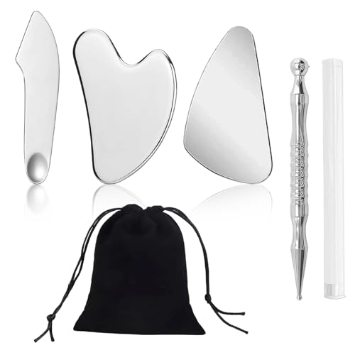YEDOUALE Guasha Massage Visage Drainage lymphatique 4 pièces Set guasha Acier Inoxydable Argent Massage Facial et corporel Lifting détente Musculaire Soin Maison et déplacement