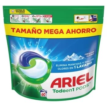 ARIEL PODS Todo en 1 Detergente Lavadora Liquido 60 Capsulas/Pastillas, Jabon Frescor Alpino, 5 Acciones para una Limpieza Brillante en Frio