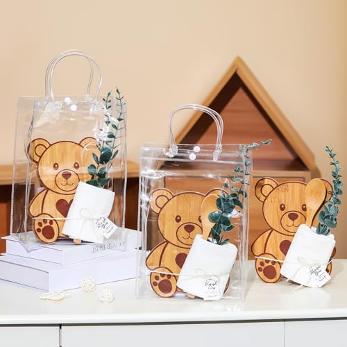 Teenyyou 6 Set Baby Shower Game Prize for Winner Guest, Bear | Bamboo Cheese Board Spoon Plaid Towel Artificial Eucalyptus Stem, Thank You Card Gift Bag, for Bridal Shower Wedding Favor