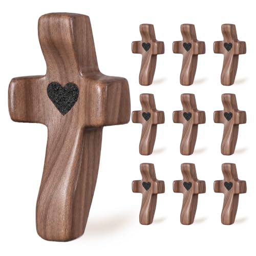 10Pcs Wooden Cross Fidget Pocket Prayer Crosses Bulk Handheld Comforting Cross for Anxiety Relief Christian Religious Gifts Baptism Favors Church Cross My Heart Encouragement Gifts
