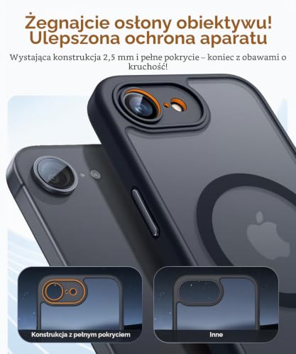 CANSHN Magnetyczne Etui kompatybilne z iPhone 17e/16e z Pełną Ochroną Aparatu, Półprzezroczyste Matowe Wstrząsoodporne 6,1 cala - Czarny