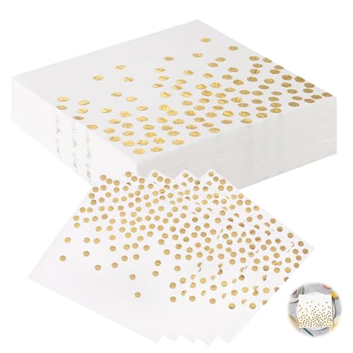 40 Pièces Serviettes jetables, serviette papier anniversaire serviettes en papier blanches et dorées Serviette de Table Blanches et Dorées en Papiers Jetables Pois accessoires pour Fête d'Anniversaire