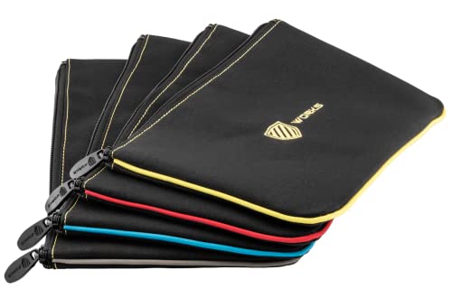 Works 4 Pack Heavy Duty 12 Inch Organizing Zipper Tool Pouch | Tool Bag | Utility Bag | Water Resistant | Heavy Duty | Black With Yellow/Red/Blue/Grey Edge For Easy Organization #TOP4
