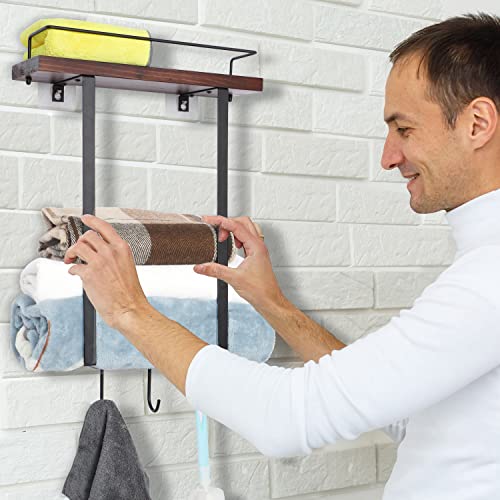 Lamptop Bathroom Towel Rack, Towel Rack Wall Mounted With Wooden Shelf & 3 Hooks, Metal Bath Towel Holder For Bath Storage Organizer And Decor #TOP6