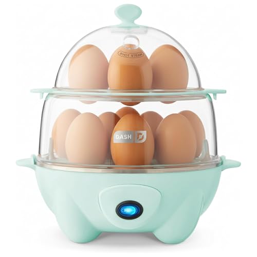 DASH Deluxe rapid egg cooker - 12 capacity, with auto shut off feature in aqua color.