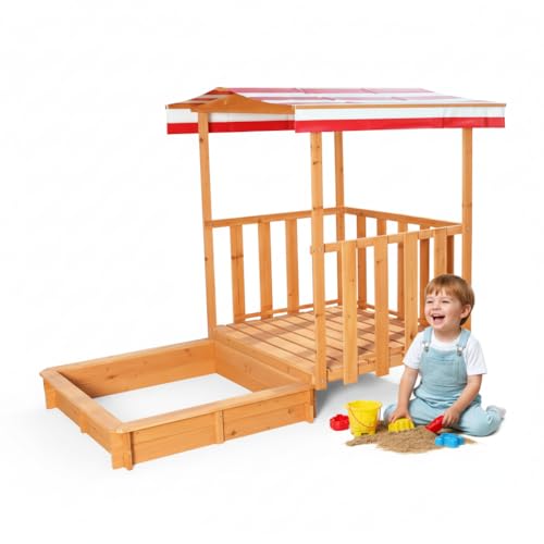 Mucola Sandkasten rollbar Sandbox mit Abdeckung und Sonnenschutz aus Holz für Kinder, 182 x 100 x 140, mit Veranda und Geländer - Rot