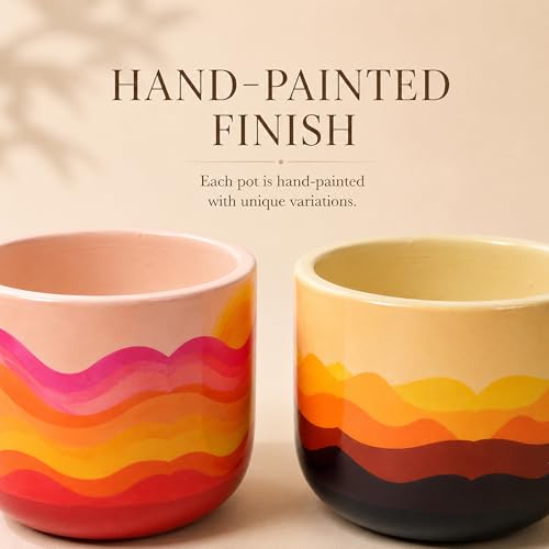 Image of Habere India-All the Cultures Fabricating India Hand Painted Terracotta Planter Set of 2 | Wave Sunset Design Indoor Plant Pot | Breathable Clay Pot with Drainage Hole(Set of 2: L12 x W12 x H10 cm)