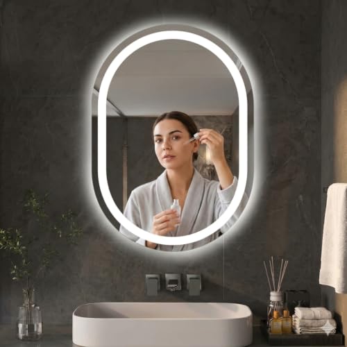 Image of 24 x 18 Inch Capsule LED Bathroom Mirror with Front-Lit Vanity Lights | Memory Function | Touch Sensor | 3 Color Dimmable Adjustable Brightness | Premium LED Lighted Mirror for Wall