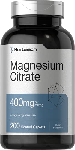 Magnesium Citrate | 400mg | 200 Coated Caplets | Vegetarian, Non-GMO, and Gluten Free Supplement | by Horbaach