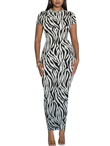 Image of Women's Long Bodycon Dresses Leopard Print Casual Maxi Club Party Tight Dress Short Sleeve