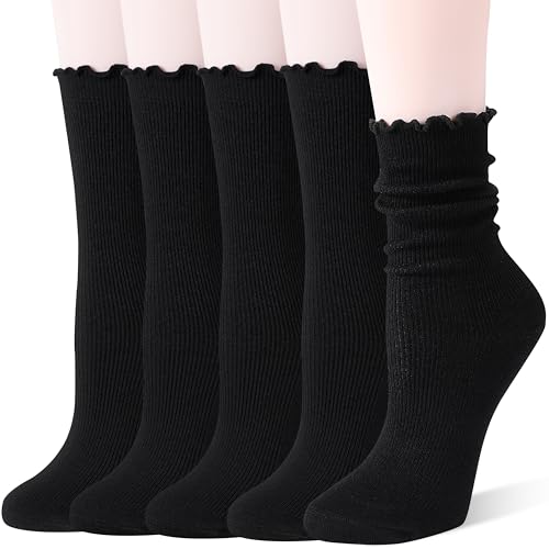 SAVALOS Black Ruffle Socks Thin Merino Wool Boot Warm Winter Cozy Frilly Soft Crew Work Gifts Socks for Womens 5 Pairs Stocking Stuffers(Striped-Black M)