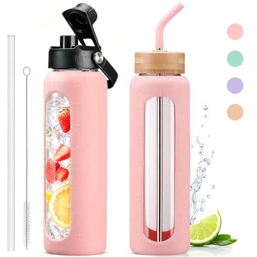 Image of 32oz Glass Water Bottle with Straw and 2 Lids, Pink