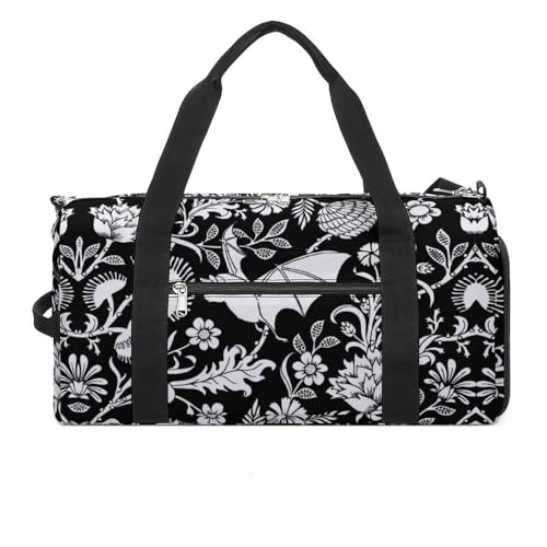NELife Black Bat Flower Sport Gym Duffle Travel Bag with Shoe Compartment,Wet Pocket for Men and Women