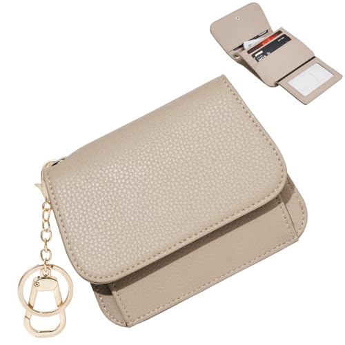 Image of Women Small Wallet RFID Blocking Slim Wallet with Coin Pocket Tri-Fold Credit Card Holder with ID Window and Keychain (Khaki)