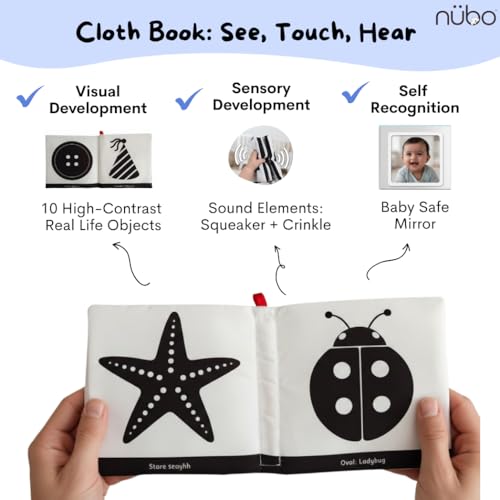 Image of Nubokind Sensory Kit: Flash Cards for New Born Baby (3-in-1 Combo) | High Contrast Flash Cards for 0-3 Months | Crinkle Cloth Book with Mirror | Tummy Time Banner Toys for Newborns 0-6 Months & Older