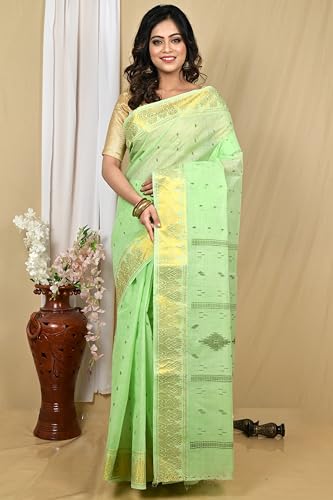 Image of eC ESHA'S COLLECTION Women's Kerala Cotton Floral Motif Printed Zari Bordered Tant Saree Without Blouse Piece