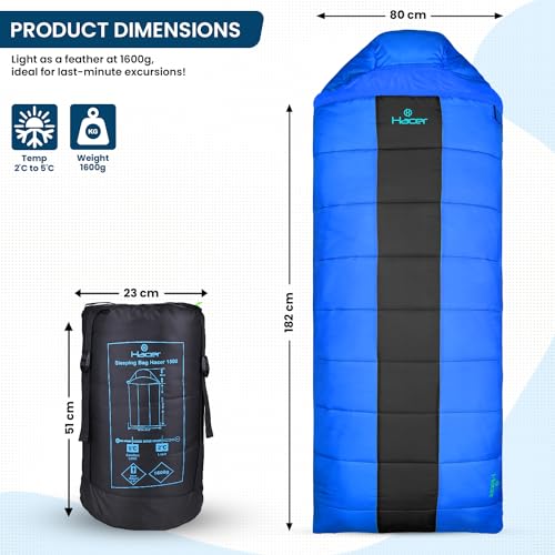 Image of Hacer HC-1500 3in1 Camping Sleeping Bag Open Comforter & Mattress +2 Degree Winter 210T Polyester Lining Hiking Trekking Bags for Baby, Adults Men & Women (7ft, Blue & Black, 2C to +5C, 1.6kg)