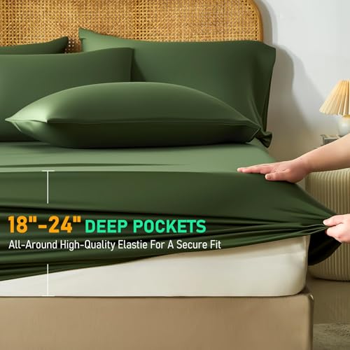 Image of 100% Viscose Derived from Bamboo Sheets, Soft & Cooling Viscose from Bamboo Sheets for Hot Sleepers, Ultra - deep Pockets Fit 18 inch-24 inch Mattresses(Olive Green)