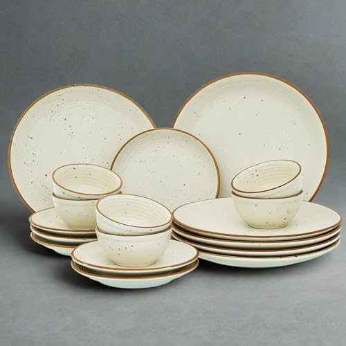 Image of KITDECO Ceramic Dinner Set 18 Pieces | Stoneware Dinnerware with 6 Dinner Plates, 6 Quarter Plates & 6 Bowls | Rustic Speckled Design, Ivory with Brown Rim