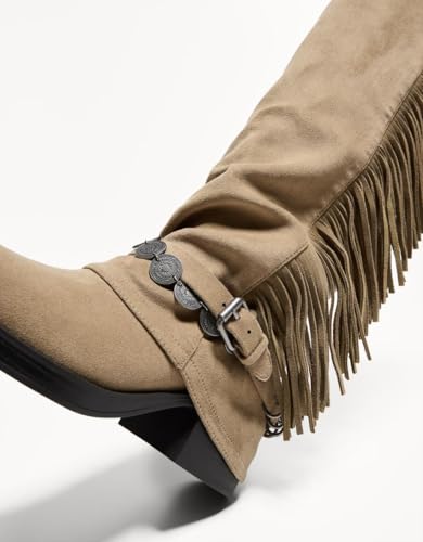 MissHeel Suede Riding Boots with Fringe for Women Fold Over Mid Calf Boot2
