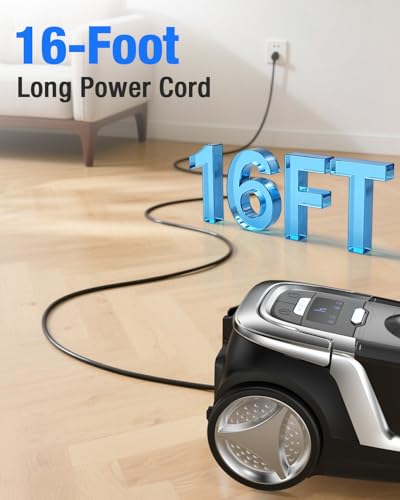Image of Zefiro Max 1600W Bagless Canister Vacuum Cleaner, 40kPa Powerful Suction for Pet Hair, Hard Floors & Carpets, Lightweight with HEPA Filter, Auto Cord Rewind & Large Capacity for Home & Apartments
