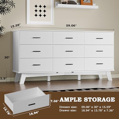 Image of BORNOON Dresser for Bedroom with 9-Drawer, 59 inch Wide Modern Chest of Drawers with Metal Handles, X-Shape Base & Adjustable Center Leg, Anti-Tip Closet Organizers and Storage