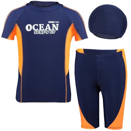3 Pcs Big Boy Rash Guard Set Short Sleeve Quick Dry Swim Shirt+UPF 50 Trunks Swimsuit Sun Protection Cap Bathing Suits Navy