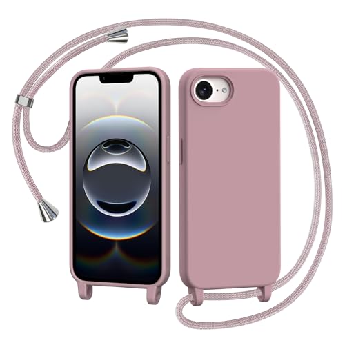 AOMYKE Funda para iPhone 16e 6,1 Pulgadas con Cuerda, Silicona Líquida Carcasa con Cordón Correa Colgante Ajustable Collar Correa Teléfono Case Cover, Rosa