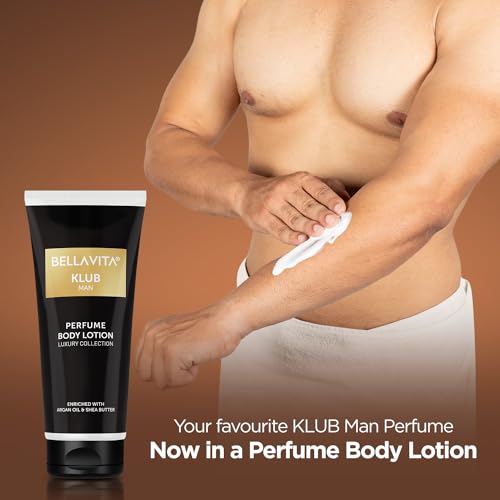 Image of Bella Vita Luxury KLUB Man Body Perfume Lotion for Nourishing, Hydrating, Soft, Supple, Healthy Skin with Argan Oil and Shea Butter 200 ml