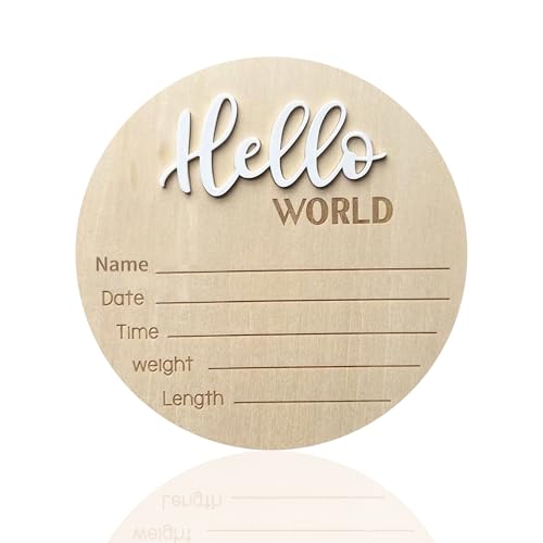 Baby Announcement Sign, ​5.9 Inch Wooden Hello World Newborn Signs, Birth Announcement Sign, Baby Shower Hospital Nursery for Newborn Boys and Girls (White)