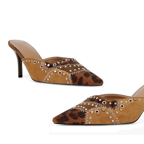 Image of DOEYG Women Pointed Toe Bow Heels Mules Slip on Stiletto Heels Sandals Dress Party Wedding Studded Heels Pumps