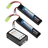 BESWON 2 Packs Airsoft Battery 11.1V Rechargeable 1600mAh 30C Lipo Battery Pack with 2S-3S Balance Charger for Airsoft Guns Rifle