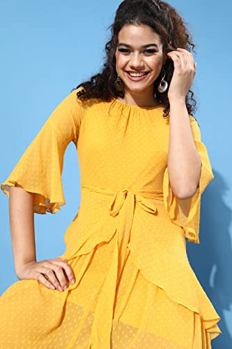 Image of Miss Chase Women's Round Neck Ruffled Sleeve Solid Ruffled Midi Dress