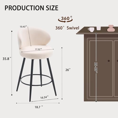 Image of Bar Stools Set of 2, 360 Swivel Breathable Fabric Kitchen Counter Height Stools, 26 inch Upholstered Bar Chair for Kitchen Islands, Restaurant, Ivory